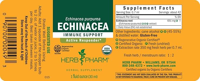 Herb Pharm Certified Organic Echinacea Root Liquid Extract for Immune System Support, Organic Cane Alcohol, 1 Ounce (DECH01)