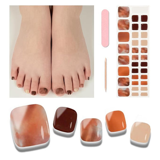Semi Cured Gel Toenail Strips, 32 Mocha Marble Gel Toenail Stickers - Works with Any UV Lamps Pedicure Strips Full Nail Wraps with Nail File & Wood Stick