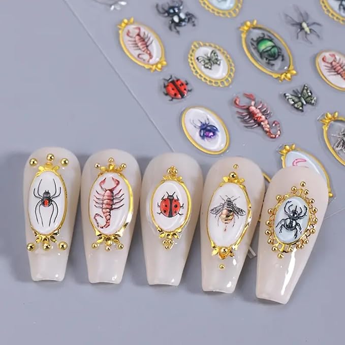 Insect Nail Art Stickers Decals 5D Embossed Nail Art Decals 5D Nail Stickers Amber Spider Ladybug Scorpion Butterfly Insect Nails Designs Cute Halloween Nail Accessories for Acrylic Nails Decorations