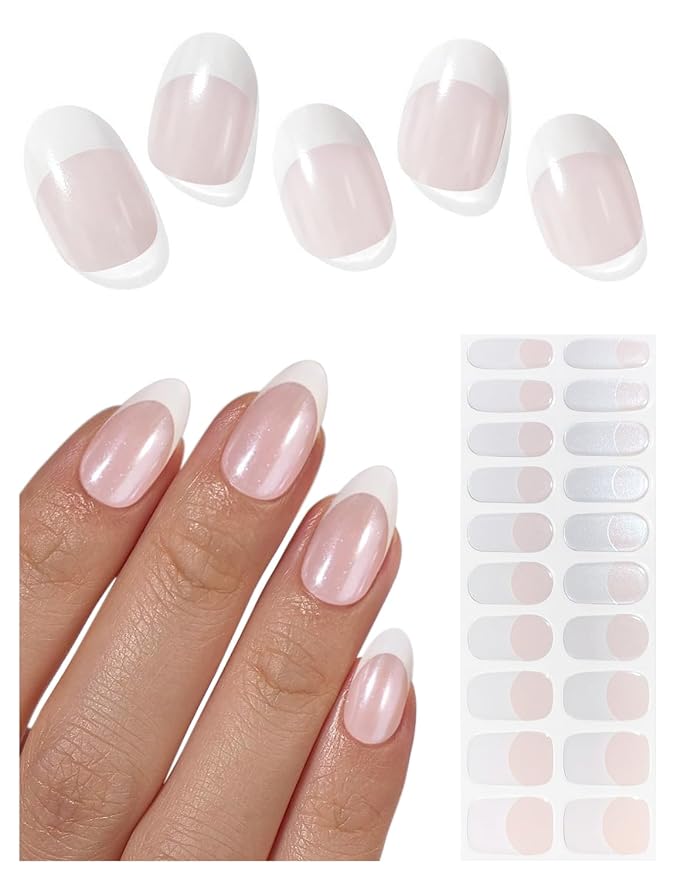 Semi Cured Gel Nail Strips (White French Chrome), Pearl, Glazed, 20 Pcs Gel Nail Wraps, Stickers, UV Light Required, Salon Quality, Long Lasting