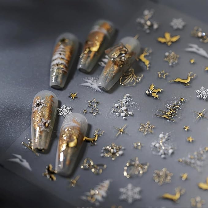 Christmas Nail Art Stickers 5D Embossed Christmas Nail Decals with Rhinestone 1PCS Gold Deer Xmas Tree Snowflake Xmas Nails Design Manicure Sticker Accessories for Women Holiday DIY Nail Decorations