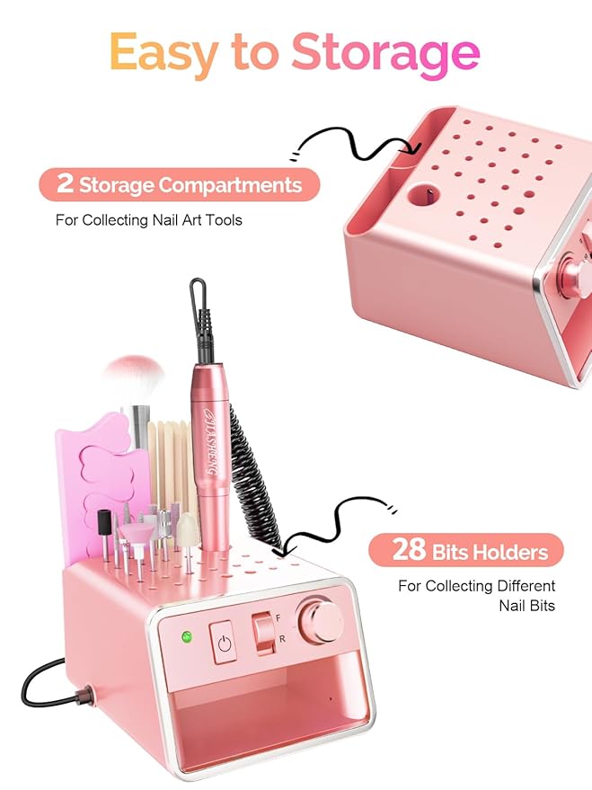 Electric Nail Drill Machine, Professional Electric Nail File for Dip Powder Nail Filer, Efile Manicure and Pedicure Tools with Storage Nail Accessories Function for Grinding Polishing Trimming，Pink