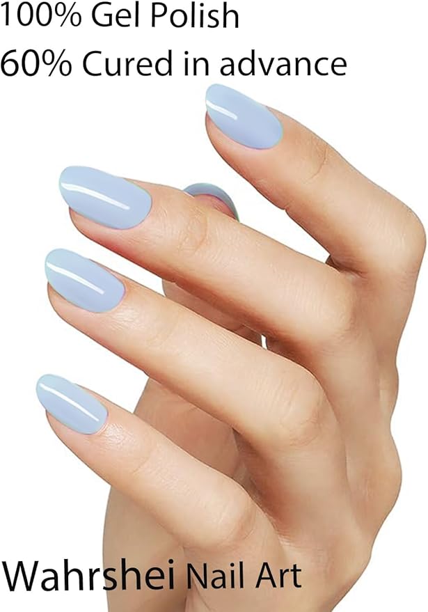 Semi Cured Gel Nail Strips, 20pcs Baby Blue Gel Nail Stickers UV for Home Nails DIY