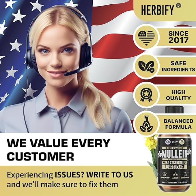 HERBIFY Mullein Drops - Lung Cleanse - Leaf Extract - Powerful Mullein for Immune Support, Detox & Respiratory Support - Made in USA - 4 Oz Vanilla Flavor