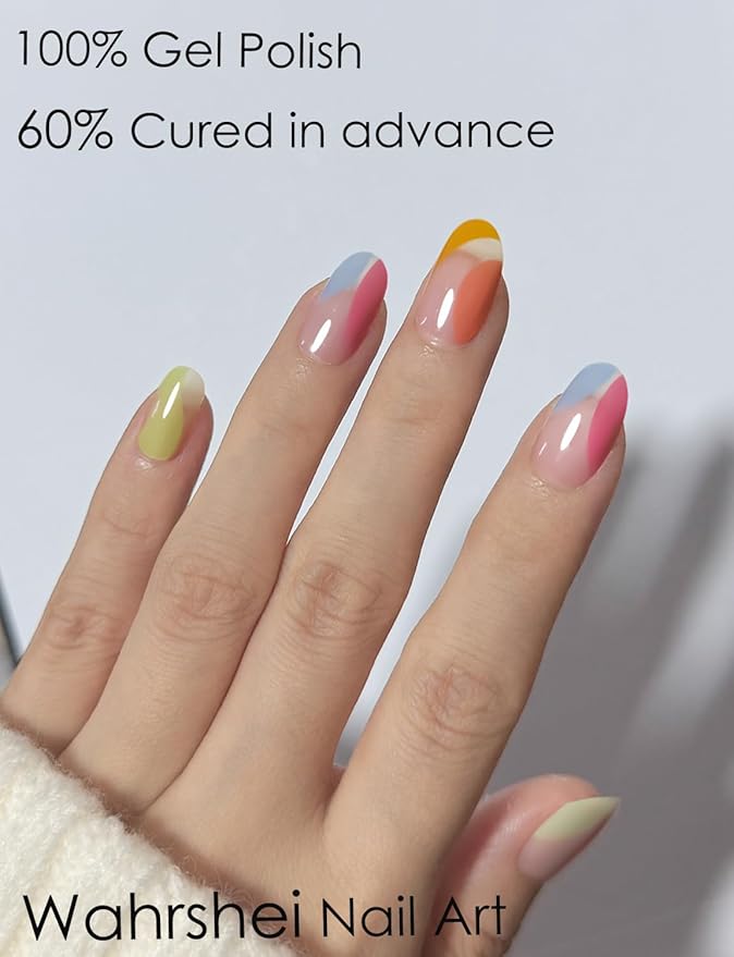 Semi Cured Gel Nail Strips, 20pcs Colorful French Lump Gel Nail Stickers Work with UV, Gel Nail Wrapsfor Home Nail Art DIY, Easy to Use and Remove