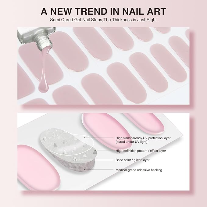 Semi Cured Gel Nail Strips, 20 PCS Gel Nail Stickers Work with UV Light, Salon Quality & Easy to Use - Ivresse