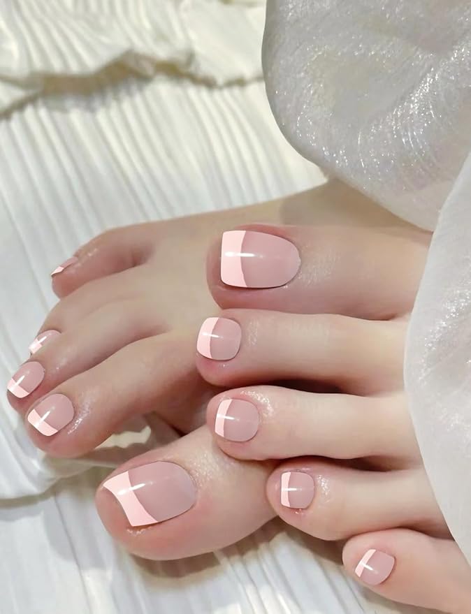 Semi Cured Gel Toenail Strips, 26 French Gel Toe Nail Stickers, Works with Any UV Lamps
