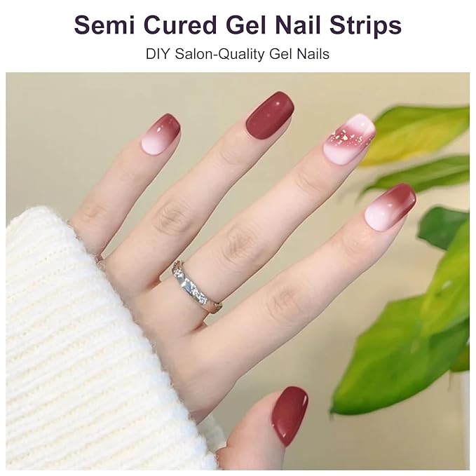 Semi Cured Gel Nail Strips,28 PCS Fall Nail Art Stickers for Holiday (Brick Red),Gel Stickers for Nails UV Light,Nail Polish Strips Includes Prep Pads, Nail File & Wood Stick