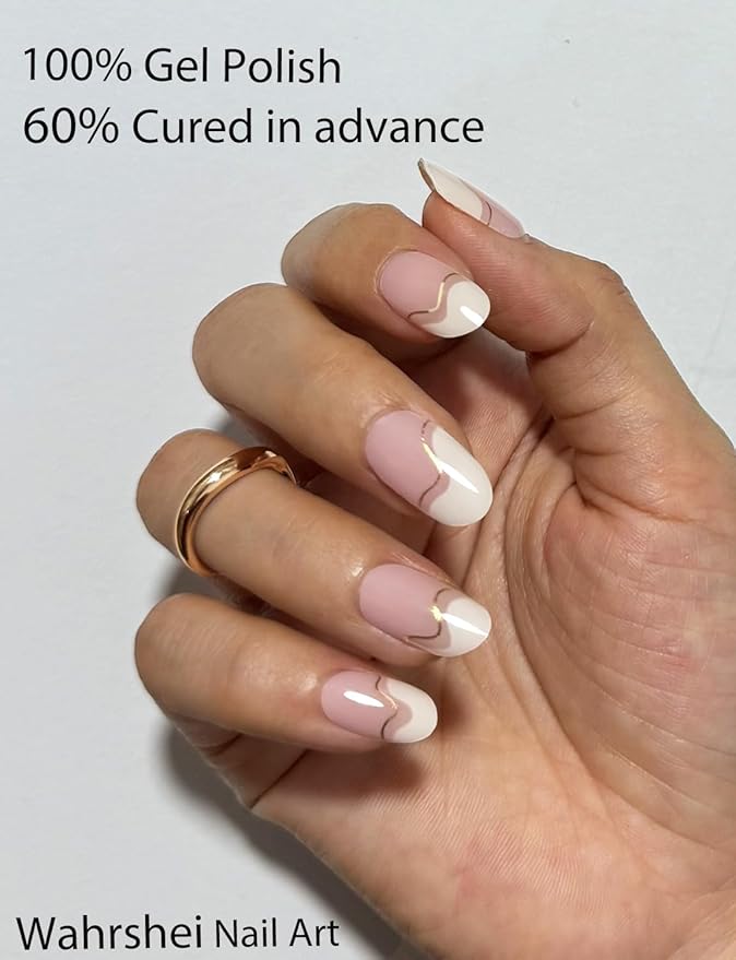 Semi Cured Gel Nail Strips, Irregular French, Gold Line 20pcs Gel Nails Sticker UV for Home Nails DIY