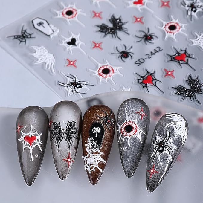 Halloween Nail Art Stickers, Cute Pumpkin Nail Art Decals 3D Self-Adhesive with Bat Skull Spider Web Cat Ghost Nail Design 4Pcs Halloween Nail Art Supplies for Women Nail Decoration