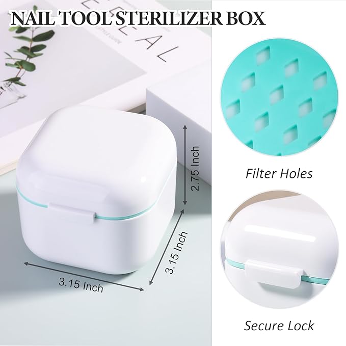 1Pc Plastic Nail Tool Sterilizer Box Nail Drill Bits Cleaning Box Polishing Tools Soaking Tray Manicure Pedicure Storage Container Case - White (White, 3.15“x3.15“x2.75“)