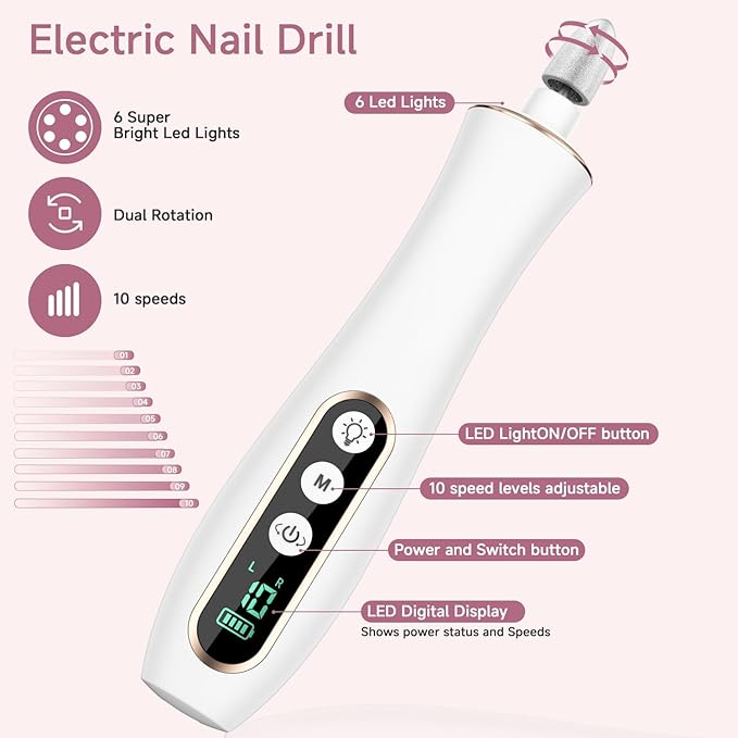 2 Pack Rechargeable Nail File Machine – 10-in-1 Design with 100PCS Sanding Belts for Smooth Finish, White