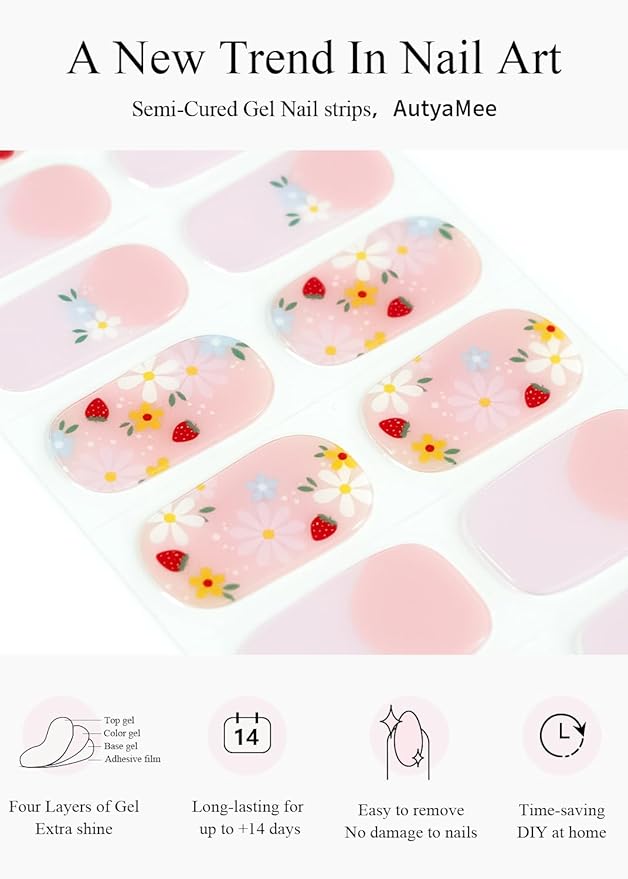Semi Cured Gel Nail Strips (Orange Pink), Daisy, French Flower, 20 Pcs Gel Nail Wraps, Stickers, UV Light Required, Salon Quality, Long Lasting
