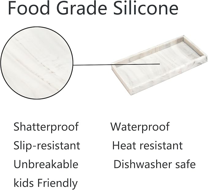 DNC 7.9" Small Silicone Bathroom Vanity Tray for Counter, Kitchen Sink Soap Tray for Dish Holder Dispenser Countertop Toilet Tank Desk Organizer Marble White