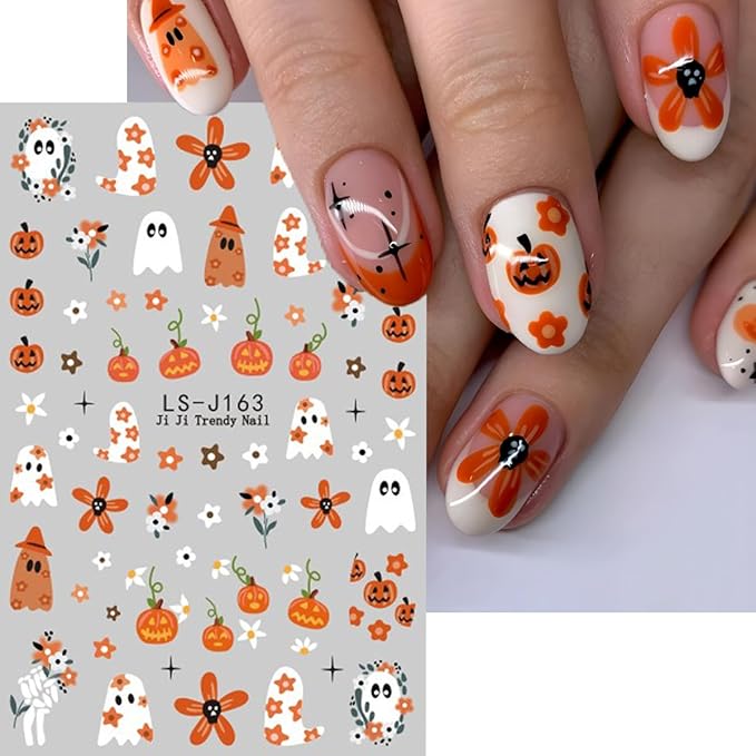 Halloween Nail Art Stickers Flower Ghost Pumpkin Nail Decals 6PCS Black Cat Blood Eye Ball Palm Cartoon Design 3D Self-Adhesive Halloween Stickers Manicure Supply for Women DIY Nail Art Decorations