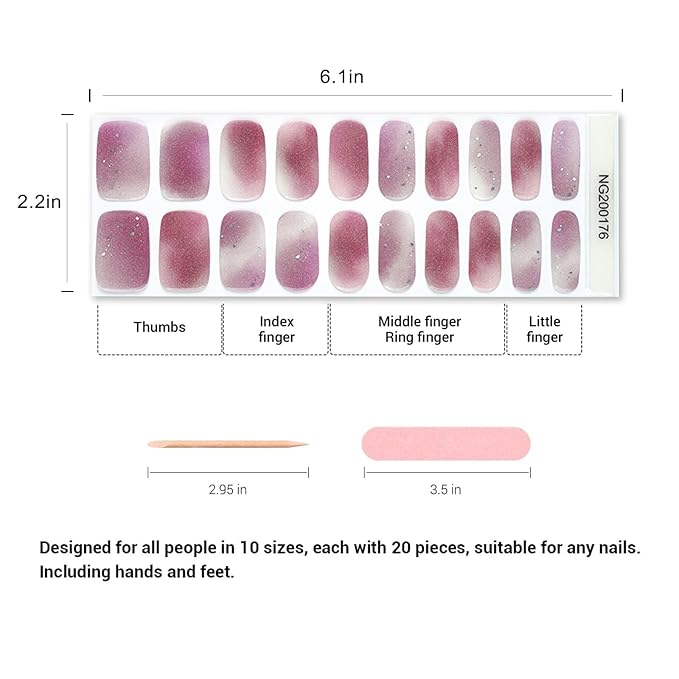Semi Cured Gel Nail Strips, 20pcs Real Nail Polish Art Stickers, Purple Cloud Gel Nail Stickers - Work with Any UV Lamp, Long Lasting Full Wraps with Nails File and Stick
