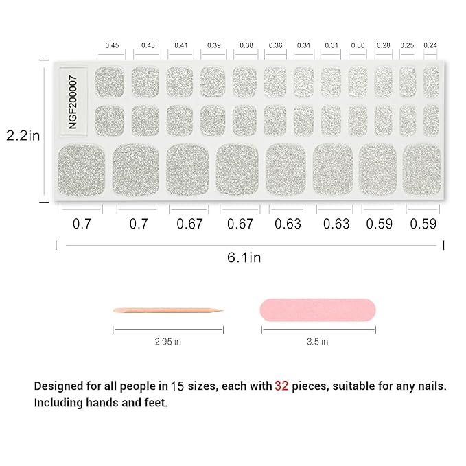 Semi Cured Gel Toenail Strips, 32 Glitter Silver Gel Toenail Stickers - Works with Any UV Lamps Pedicure Strips Full Nail Wraps with Nail File & Wood Stick
