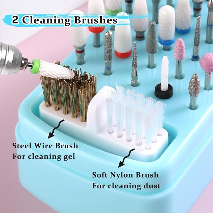 2 in 1 Nail Drill Bit Holder & Cleaner Brush Case, 30 Holes Dustproof Stand Display Organizer Container, Steel Wire & Nylon Double Brush for Cleaning Tungsten Carbide Ceramic Nail Drill Bits Cuticle
