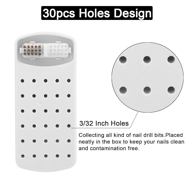2 In 1 Nail Drill Bits Holder & Nail Drill Bits Cleaner Case,30 Holes Dustproof Nail Art Drill Bits Stand for Nails Display Organizer Container Manicure Tools (Not Include Nail Drill Bits) White