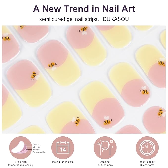 Semi Cured Gel Nail Strips,28 PCS Nail Art Stickers(Yellow BER),Gel Stickers for Nails UV Light,Nail Polish Strips Includes Prep Pads, Nail File & Wood Stick