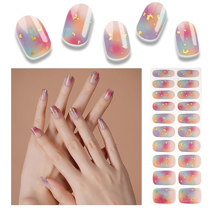 Semi Cured Gel Nail Strips, 20pcs Real Nail Polish Art Stickers, Rainbow Mist Gel Nail Stickers - Work with Any UV Lamp, Long Lasting Full Wraps with Nails File and Stick