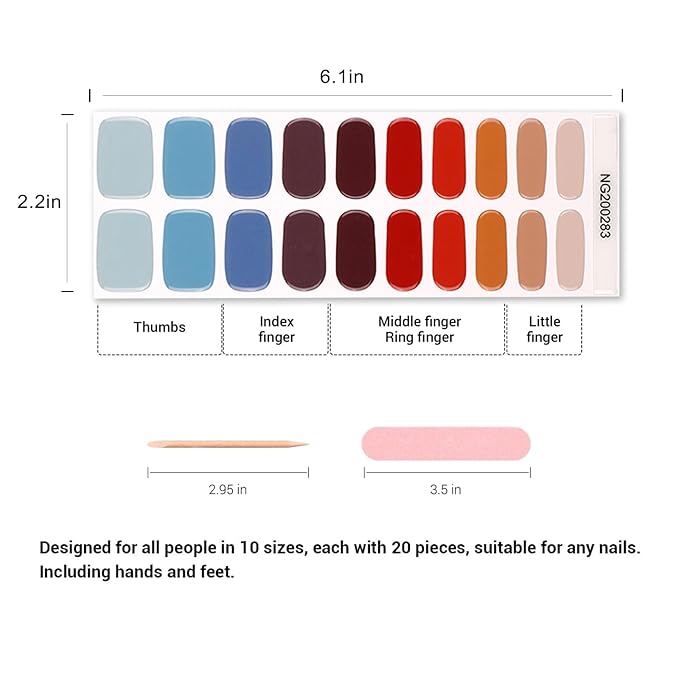 Semi Cured Gel Nail Strips, 20pcs Real Nail Polish Art Stickers, Colorful Gel Nail Stickers - Work with Any UV Lamp, Long Lasting Full Wraps with Nails File and Stick