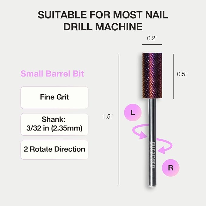 Curacoro Nail Drill Bits 3/32'' - Small Barrel Carbide Bit (Fine) for Professional Finish, Gently Remove, Buff & Polish Gel Nails, Nail Art Pedicure Manicure Salon & Home