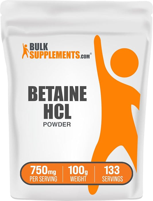 BulkSupplements.com Betaine HCl Powder - Betaine Hydrochloride Supplement, Digestive Support - Gluten Free, 750mg per Serving, 100g (3.5 oz) (Pack of 1)