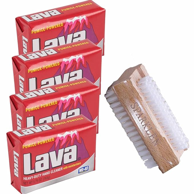 Lava Heavy-Duty Pumice Hand Cleaner soap with Moisturizers, 4-bars [5.75 OZ each] with a Compatible Wooden Nail Brush