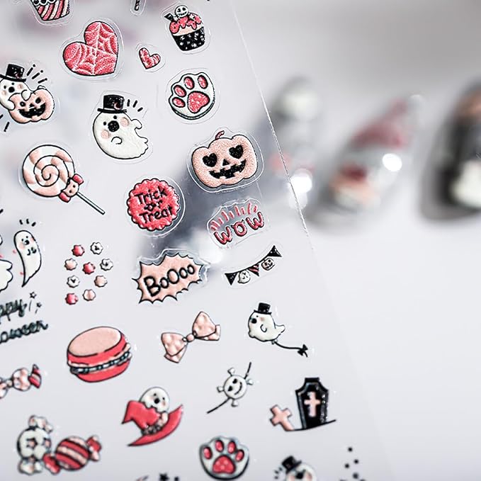 Cute Halloween Nail Art Stickers 5D Self-Adhesive Moon Star Nail Decals Kawaii Ghost Nail Stickers Halloween Candy Heart Spider Web Design Embossed Nail Supplies Decoration for Women Girls DIY
