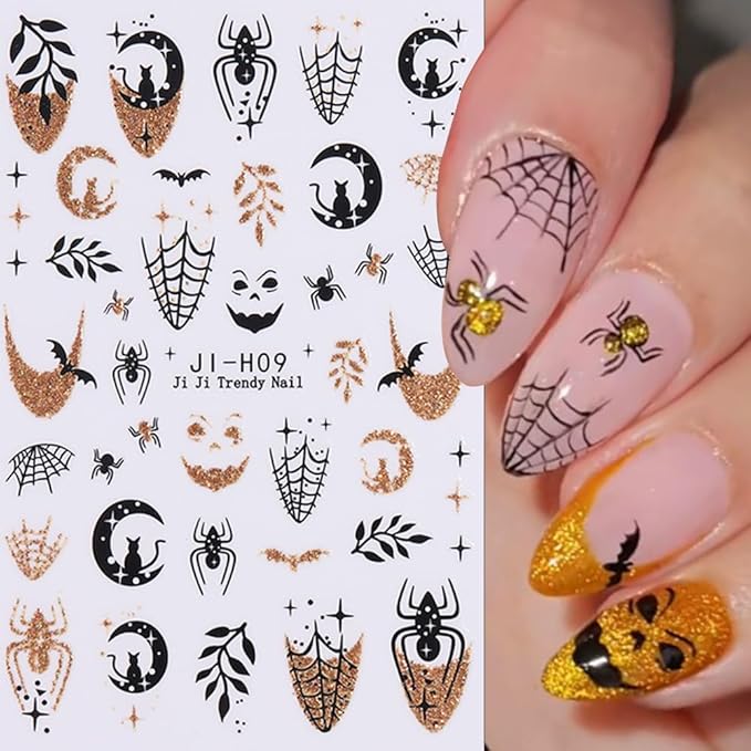 Halloween Nail Stickers Ghost Pumpkin Nail Decals DIY Self Adhesive Spider Web Gold Orange Nail Design 3D Nail Decoration Supplies Holiday Manicure Accessories for Women Girls 4Pcs