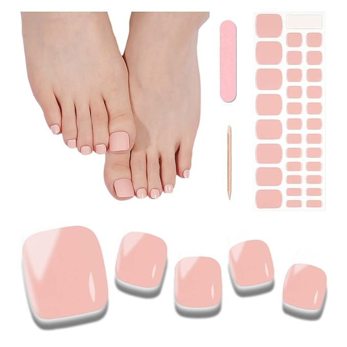 Semi Cured Gel Toenail Strips, 32 Soft Nude Gel Toenail Stickers - Works with Any UV Lamps Pedicure Strips Full Nail Wraps with Nail File & Wood Stick