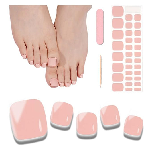 Semi Cured Gel Toenail Strips, 32 Soft Nude Gel Toenail Stickers - Works with Any UV Lamps Pedicure Strips Full Nail Wraps with Nail File & Wood Stick