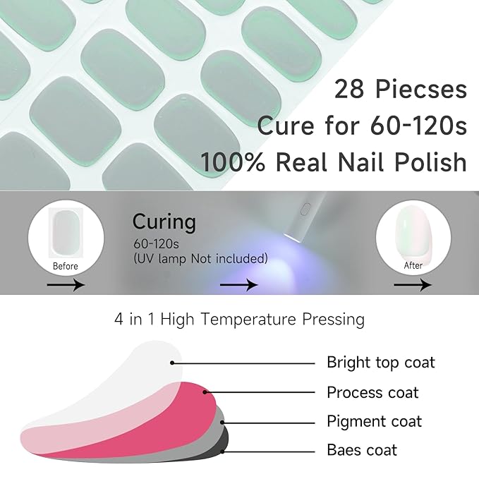 Semi Cured Gel Nail Strips, Aurora Green | 28 pcs Gel Nail Strips Work with Any UV Lamp, Salon Quality UV Nails Stickers, Easy to Apply for Home Nails DIY