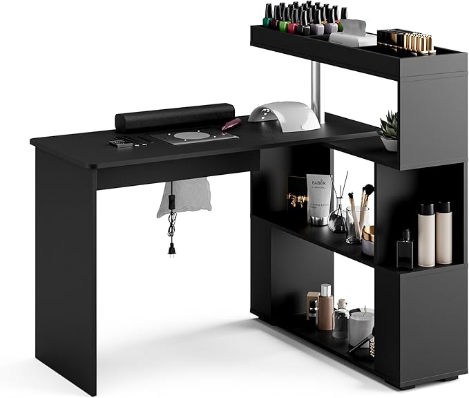 Manicure Table, L-Shaped Nail Tech Desk with Dust Collector, Reversible Rotating Table & Storage Shelf, Acetone Resistant Beauty Salon Station, Black