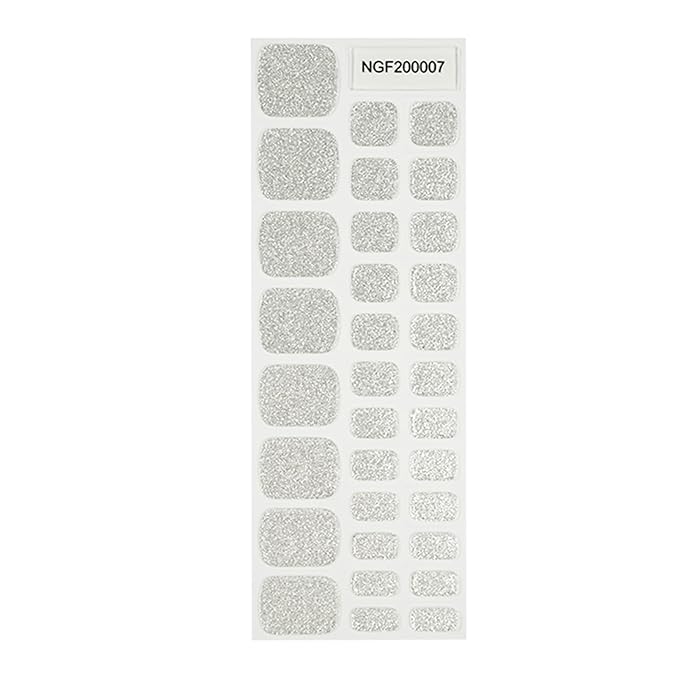 Semi Cured Gel Toenail Strips, 32 Glitter Silver Gel Toenail Stickers - Works with Any UV Lamps Pedicure Strips Full Nail Wraps with Nail File & Wood Stick
