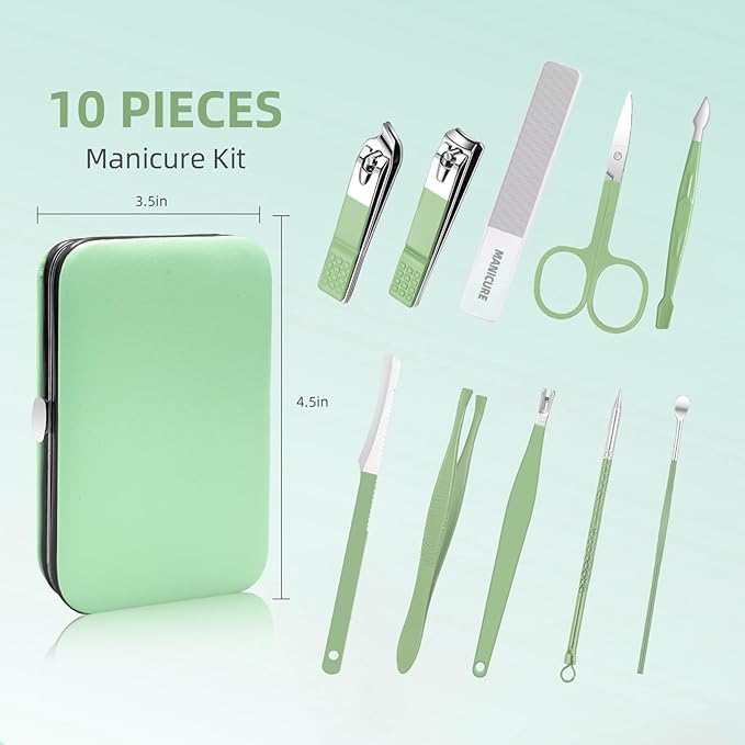 Manicure Set Professional Nail kit, Andrea 10 pcs mens manicure kit and Grooming kit, Nail Care Tools with Luxurious Travel Leather Case for Thick Nails Men Gift (green)
