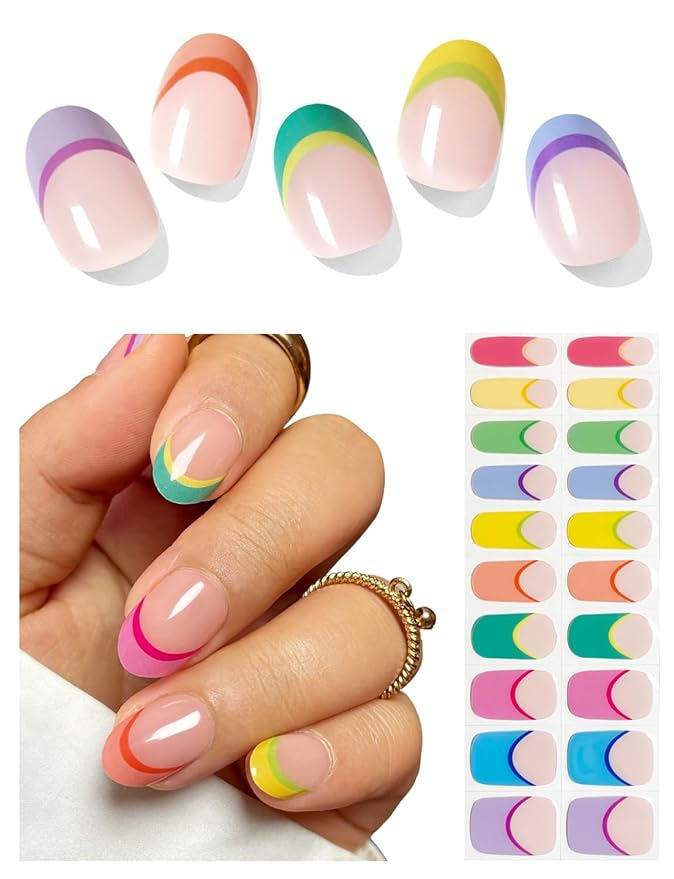 Semi Cured Gel Nail Strips (Candy French), Macaron, 20 Pcs Gel Nail Wraps, Stickers, UV Light Required, Salon Quality, Long Lasting