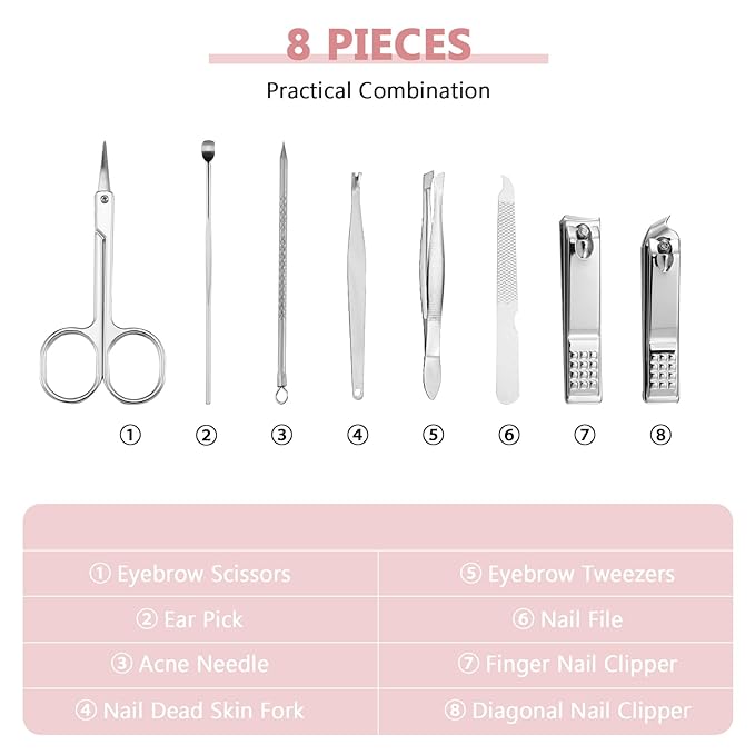 Geosar 12 Sets Manicure Set Nail Clippers Pedicure Kit 8 in 1 Grooming Stainless Steel Kits Nail Care Tools with Travel Case Xmas Gifts Christmas Stocking Stuffers for Men Women(Glitter Pink)