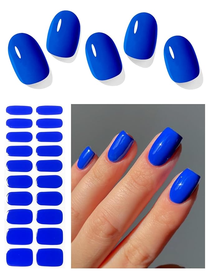 Semi Cured Gel Nail Strips (Blue), 20 Pcs Gel Nail Wraps, Stickers, UV Light Required, Salon Quality, Long Lasting