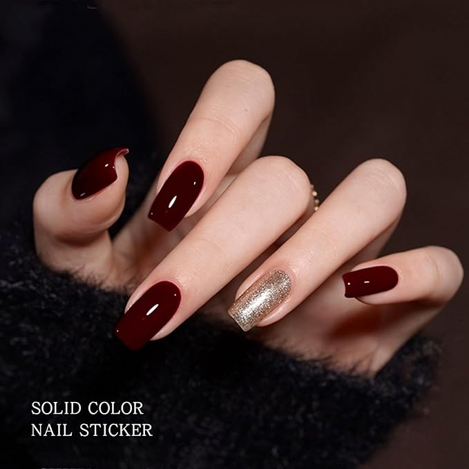 JMEOWIO Gel Nail Stickers Wine Red Semi Cured Gel Nail Strips Wraps UV/LED Nails Art Design Decoration Accessories