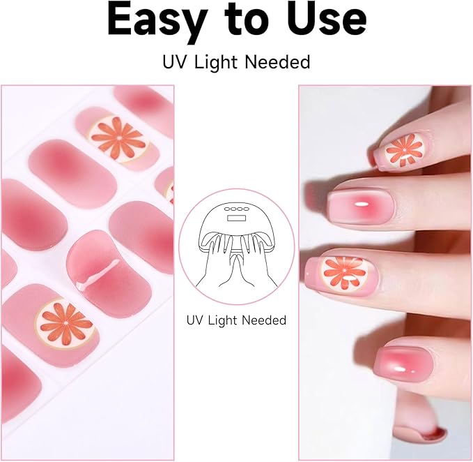 Semi Cured Gel Nails Strips, 28 pcs Gel Nail Stickers Work with Any UV Lamp, Nail Wraps for Women Girls Home DIY Nails Art (Summer Ice Orange)