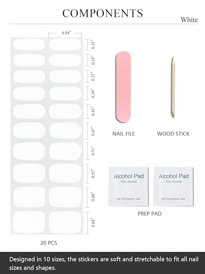 Semi Cured Gel Nail Strips (White), 20 Pcs Gel Nail Wraps, Stickers, UV Light Required, Salon Quality, Long Lasting