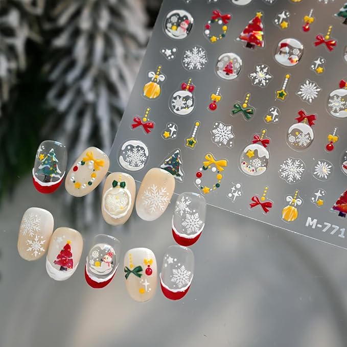 1 Sheet Christmas Nail Art Stickers Snowflake Nail Decals Bow Star Red Green Yellow Ball Christmas Nail Design Relief Wreath Stickers for Manicure Supplies for Women Nail Decoration