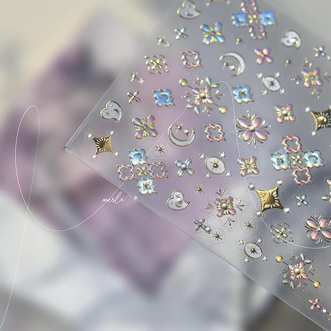 1 Sheets Bohemian Nail Art Stickers Decals 5D Embossed Holographic Glitter Moon Heart Nail Decals with Pearl Bohemian Design Flower Nail Stickers Moon Star Stickers for Nails Supplies Decoration