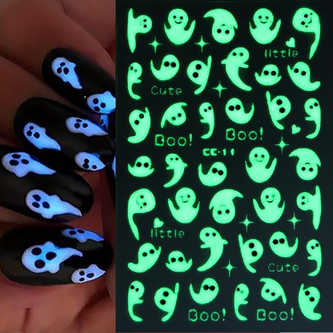 8 Sheets Halloween Spider Nail Art Stickers Decals Glow in The Dark Stickers 3D Self-Adhesive Luminous Ghost Spider Web Spider Nail Art Design Decals Charms for Holiday Acrylic DIY Nail Decoration
