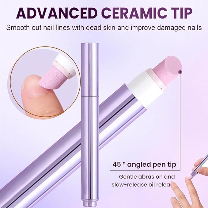 3-in-1 Nail Care Pen, 2025 Upgrade Cuticle Oil Pen for Nails, Ceramic Cuticle Pusher with Oil, Refillable Cuticle Oil Pen, Nail Buffer & Strengthener for Dry, Brittle Nails (Large 2Pcs)