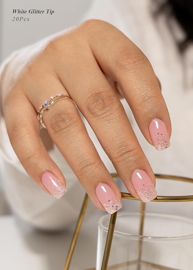 Semi Cured Gel Nail Strips (White Glitter Tip), 20 Pcs Pink Gel Nail Wraps, Stickers, UV Light Required, Salon Quality, Long Lasting