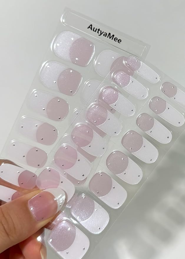 Semi Cured Gel Nail Strips (Chrome White French), Pearls, Glazed Donut, 30 Pcs Gel Nail Wraps, Stickers, UV Light Required