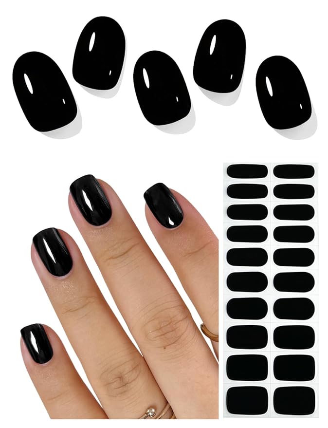 Semi Cured Gel Nail Strips (Black N03), 20 Pcs Gel Nail Wraps, Stickers, Salon Quality, Long Lasting, Works With Any Lamps
